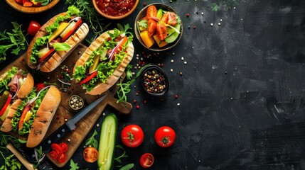 Fototapeta premium Fresh and Delicious Sandwiches with Vegetables on a Black Background