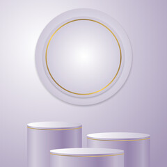 3D realistic empty bright purple podium stand on dark brown background, product stand promotion, etc. Vector illustration