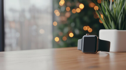 Smartwatch with a black strap placed on a wooden table, with out-of-focus festive lights and a plant in the background.