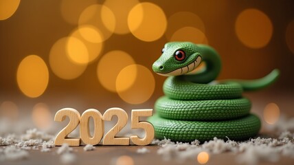 2025. Cute green snake. Christmas and New Year background with golden bokeh