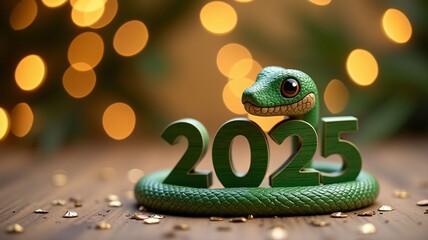 2025. Cute green snake. Christmas and New Year background with golden bokeh