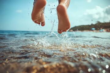 Close-up of feet jumping into water, a summer fun activity for kids.