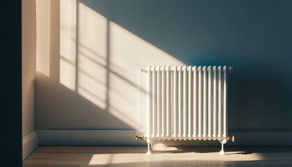 A white radiator in a minimalist room with soft shadows cast by window light
