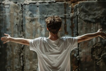 A person with arms outstretched in front of a textured wall, conveying freedom and expression.