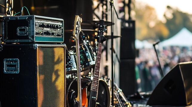 Backline Setup for a Live Performance. Features Essential Stage Equipment Including Amplifiers, Drum Kit, and Microphones, Arranged for a Concert or Music Event.