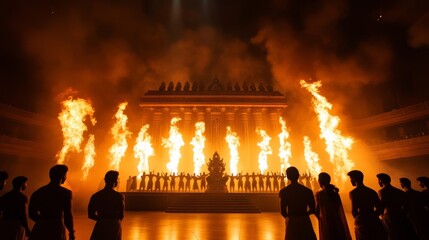 Dramatic scene of Ramlila performance on a brightly lit stage with actors portraying the final battle between Lord Rama and Ravana during Dussehra 