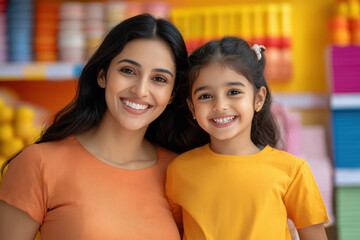 mother and school girl buying stationary