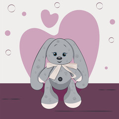 Soft plush bunny toy on a white background with pink hearts. Valentines day poster with cute rabbit. Vector illustration.