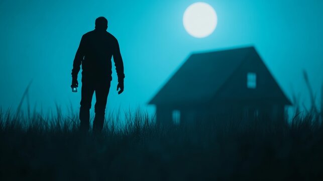 Eerie silhouette of a lone explorer flashlight in hand cautiously entering a dilapidated haunted house under the chilling October moonlight 