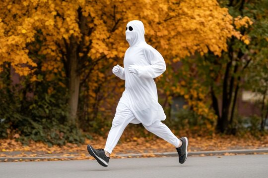 Ghost costume-clad marathoner strides energetically against a backdrop of vivid October foliage evoking the thrill of Halloween 