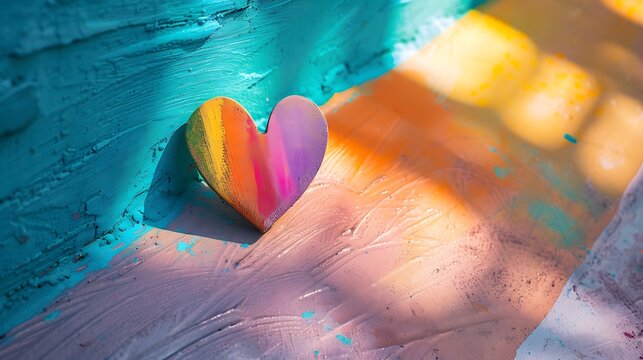 Above view with multicolored heart shaped in bright light on a pibk background