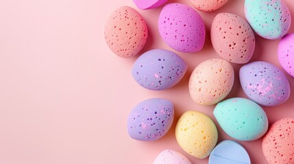 Fototapeta premium Makeup sponges in various colors on a pastel pink backdrop Text space available