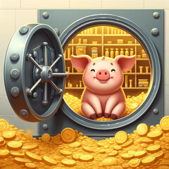 lucky pig sitting in tresor room full of gold coins