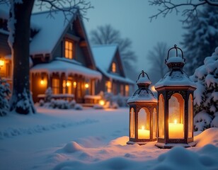 Serene Winter Night: Snow-Covered Lanterns and Cozy Village Homes 