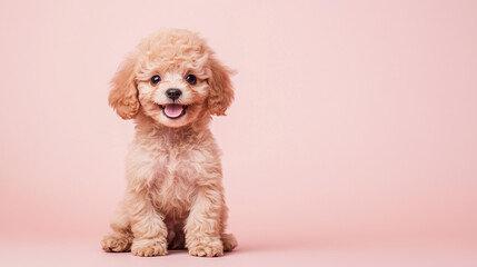 Poodle puppy sitting with a sweet smile against a plain light pink background.