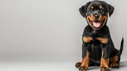 Obraz premium Rottweiler puppy sitting with a wagging tail against a plain light gray background.