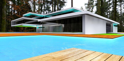 Design concept for a luxurious villa with a spacious pool in a dense autumn forest. Glass facade and white walls. Reflection of trees in the windows. 3D rendering.