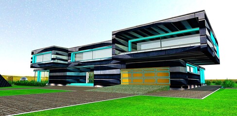 Country villa with a unique textured facade against the evening sky. Turquoise lighting on exterior elements. 3D rendering.