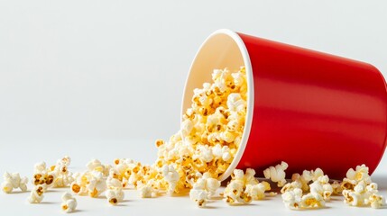 isolated on a white background, a popcorn bucket with a large hole in the bottom, popcorn leaking out, chaotic and messy, yellow popcorn and red bucket 