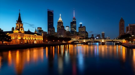 Fototapeta premium Melbourne Skyline at Dusk with Reflections on Yarra River