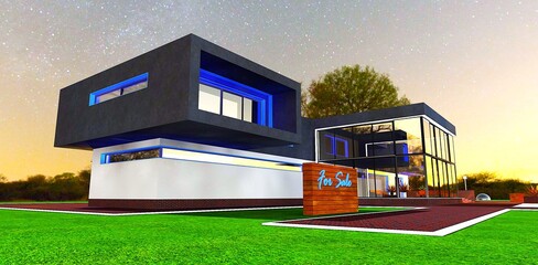 Sale of a beautiful property in Alabama. Facade lighting and a stand to attract potential buyers at night. 3D rendering.