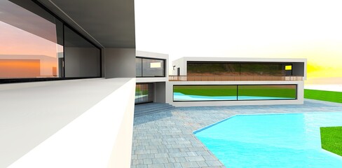Luxury balcony design with a large mirrored sliding door, without a railing. View of the house's courtyard with a pool at sunrise. 3D rendering.