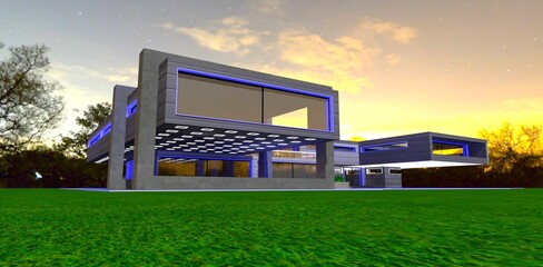 Brutal concrete structures seamlessly blend into the design of a modern private estate with night lighting on decorative elements. 3D rendering.