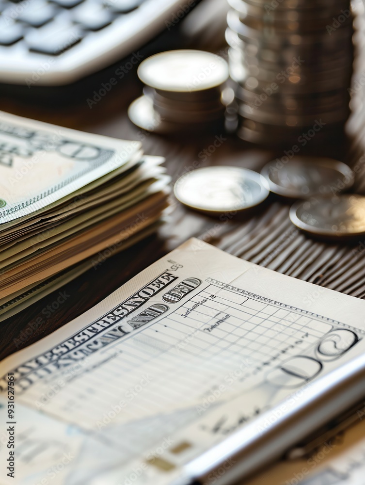 Poster a notebook filled with financial notes is placed next to a stack of cash and coins on a wooden surfa