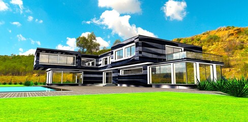 White, appealing daytime lighting of exterior elements of a countryside private house with a green yard and a pool against a mountain backdrop. 3D rendering.