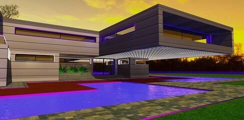 A wonderful combination of blue pool lighting and a bright yellow sunset sky. Luxury countryside property built with a modern high-tech design. 3D rendering.