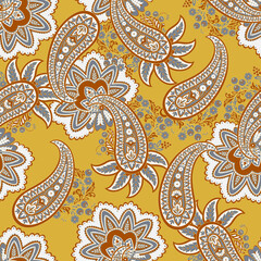 Paisley seamless pattern. Fantastic flower, leaves. Batik style painting. Vintage background