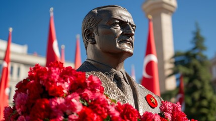 Large Atatürk statue adorned with flowers and surrounded by flags in a central city square filled with people attending 29 Ekim Republic Day ceremonies 