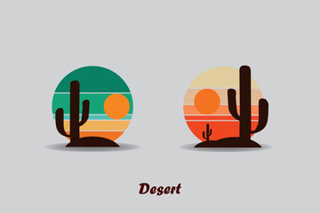 Set of Desert abstract logo, striped desert abstract logo with retro theme, 80s style sunset, tourism, summer and adventure concept.