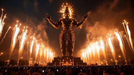 Obraz premium Majestic effigy of Ravana towering above a large crowd, lit up against the evening sky with fireworks bursting in celebration of Dussehra's victory of good over evil 