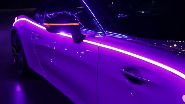 Sleek electric sports car glows in neon lights, showcasing modern luxury and innovation. Perfect for speed enthusiasts, the image captures technology and transportation in a striking way
