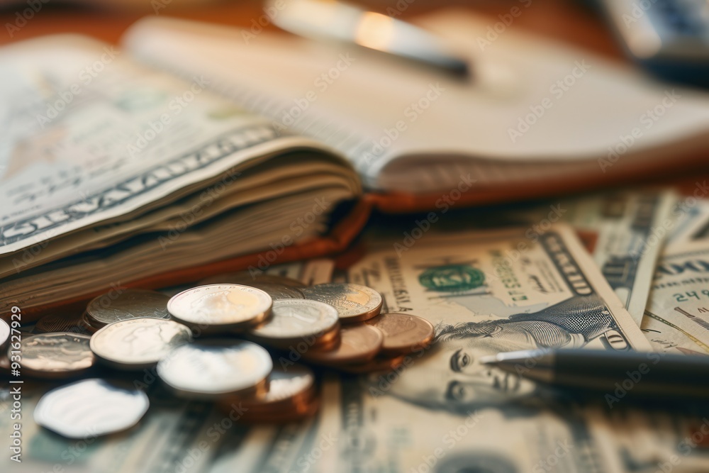 Poster Cash and coins are stacked beside an open notebook filled with notes and calculations during a focused financial planning activity. Generative AI