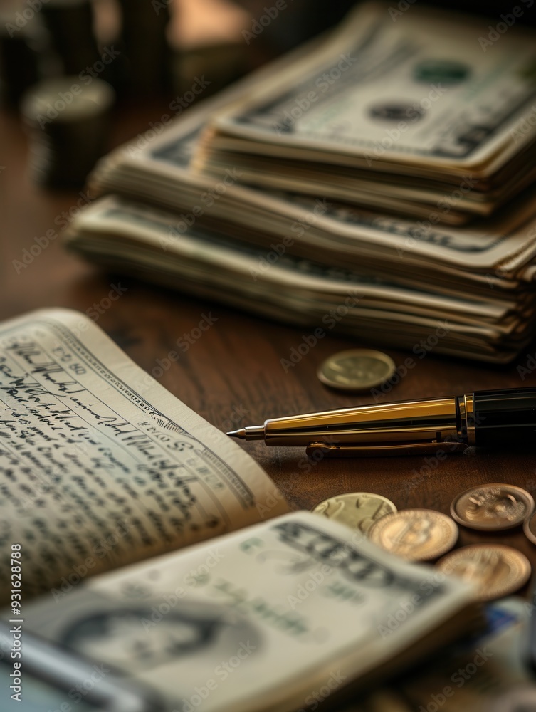 Poster A stack of cash and coins rest beside an open notebook filled with detailed notes and calculations on a rustic wooden surface. Generative AI