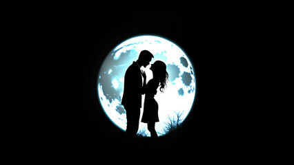 Obraz premium Romantic Silhouette of a Couple Embracing in Front of a Full Moon