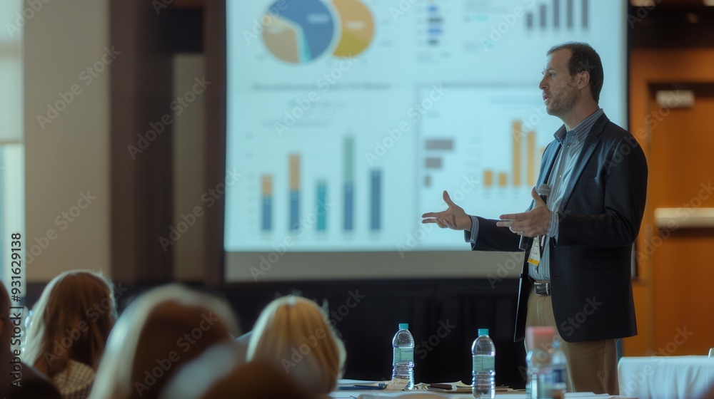 Poster a knowledgeable professional engages with attendees during a financial seminar, sharing valuable str