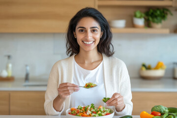 attractive indian woman standing and eating salad at the kitchen counter