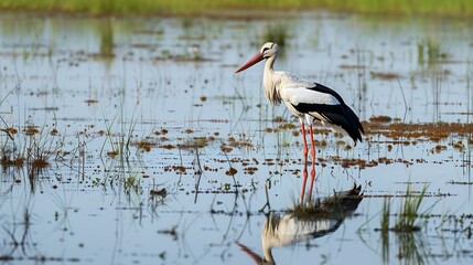 Stork standing in a wetland its long legs reflected in the shallow water © Auon