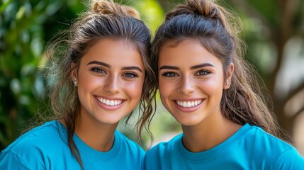 Obraz premium Sorority sisters volunteering at a community event, wearing matching shirts and helping out with big smiles, showcasing the value of service and togetherness 