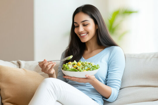attractive indian woman standing and eating salad at the kitchen counter