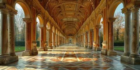 Obraz premium Magnificently ornate and historical building with intricately designed columns, an arched hallway, and stunning sunlight filling the space on a peaceful, clear day
