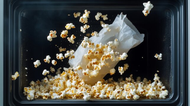 top-down view of a microwave with a popcorn bag that exploded open, burnt popcorn scattered inside, messy and chaotic scene 