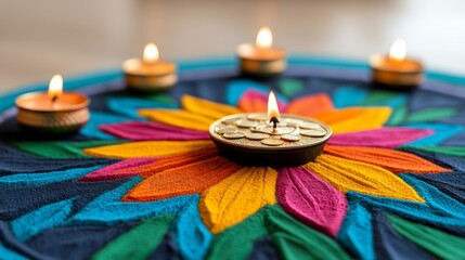 Traditional Indian rangoli made with vibrant colored powders and adorned with gold coins and diyas representing wealth and festivity during Dhanteras 