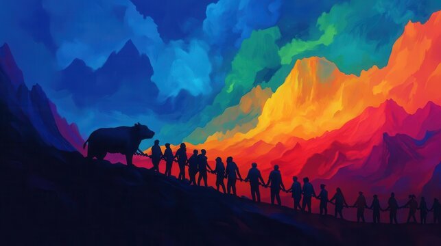 A group of people forming a human chain to rescue a stranded animal, united by a shared sense of empathy, Digital painting, Vivid colors, Dramatic