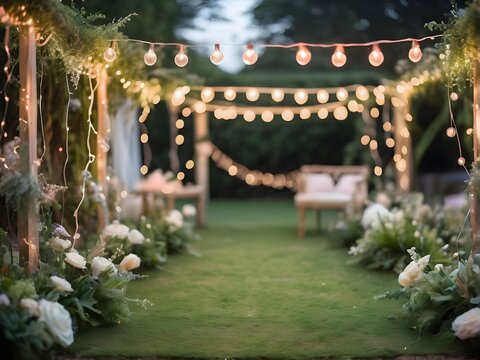 Decorative outdoor string lights hanging on tree in the garden at night for the wedding ceremony