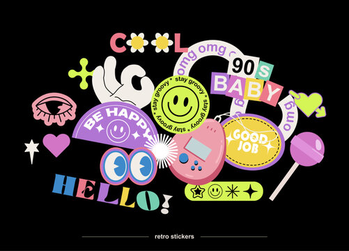 Naklejki Collection of Cool Groovy Stickers. Set of retro patches, labels, tags, phrases. Omg, hello, be happy, 90s baby. Abstract retro isolated  badges. 