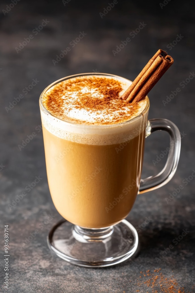 Poster Warm-hued pumpkin spice latte in a glass cup garnished with cinnamon stick positioned artistically on a textured gradient background 